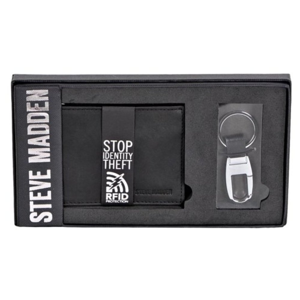 Steve Madden Mens Black RFID Leather Bifold Wallet with Key Fob Set